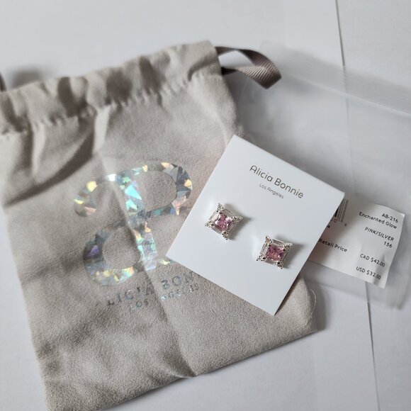 NWT Alicia Bonnie, "Enchanted Glow", Square Pink Stud Earrings - Picture 1 of 4
